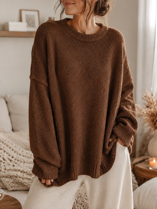 aerie Sweaters - Aerie Brown Bouclé Crewneck Sweater XS Oversized Soft Cozy Drop Shoulder